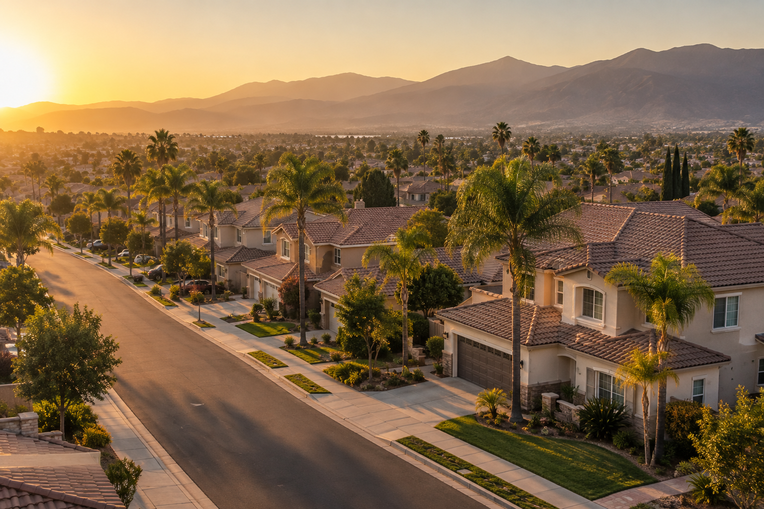 A sunlit Rancho Cucamonga neighborhood street, illustrative