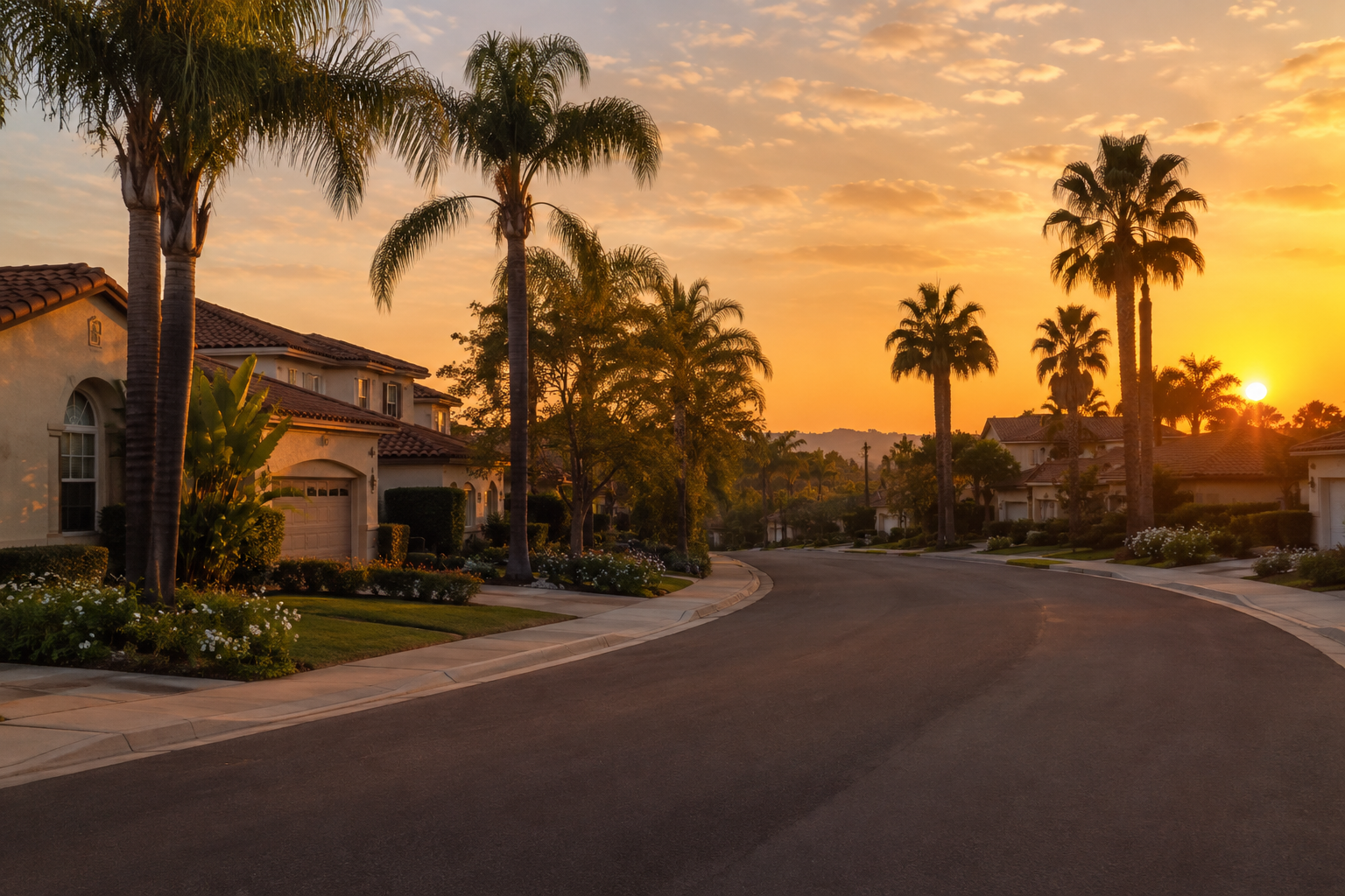 An Inland Empire street at sunset, illustrative